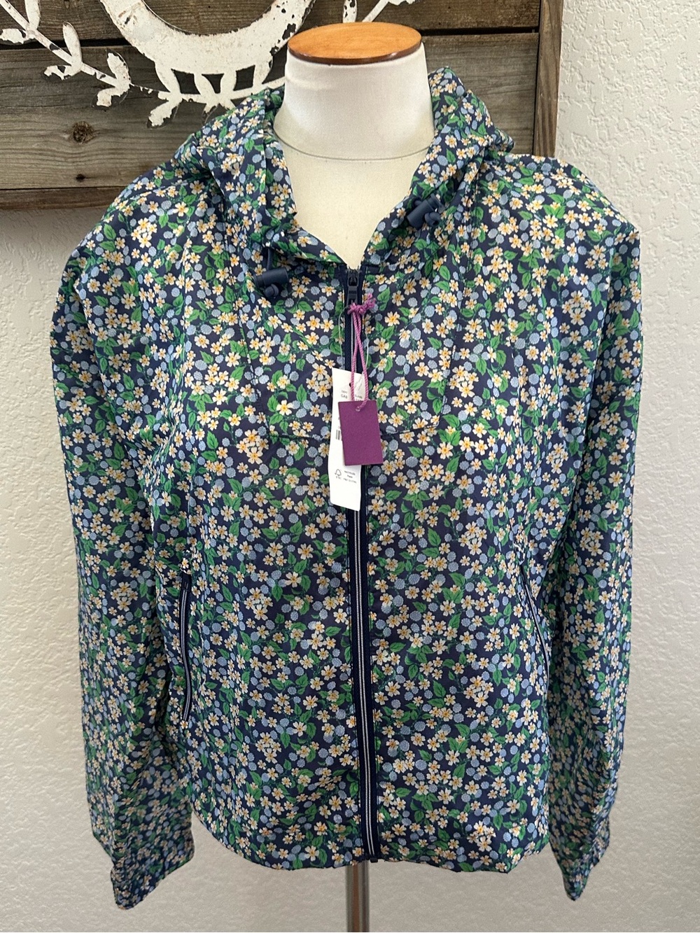 J. Crew Liberty Fabric Floral Hooded Windbreaker Jacket - Navy/Green size L NWT